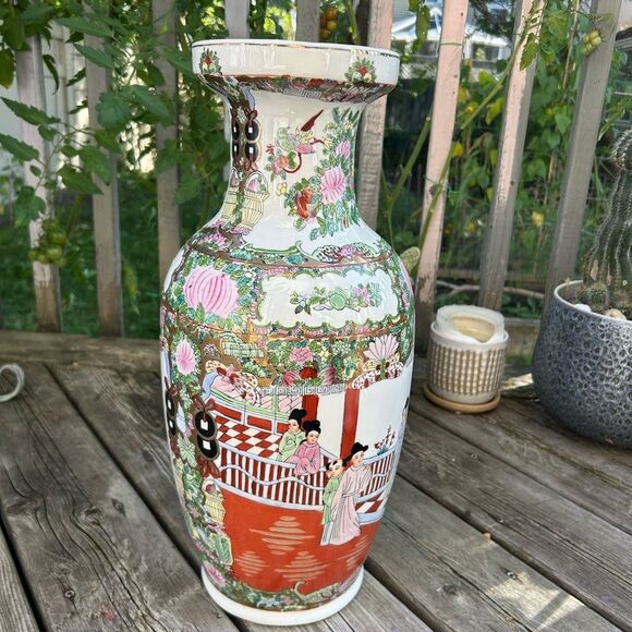 Large Antique Famille Rose Porcelain Vase Chinese Floral Figural Birds 18.5 Inch - Picture 12 of 16